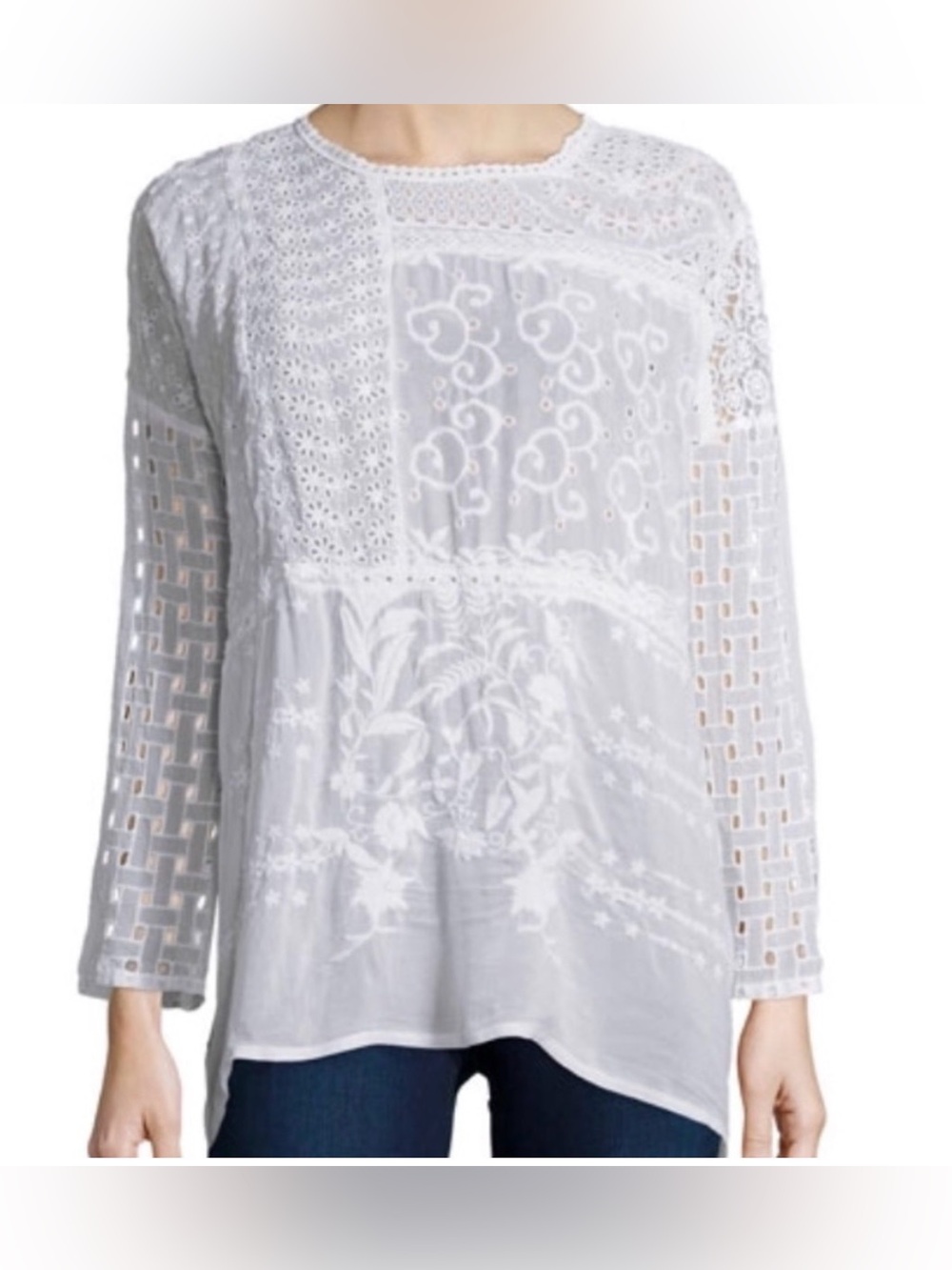 Johnny Was White Lace Embroidered Eyelet Semi Sheer Tunic Top Size Small Boho